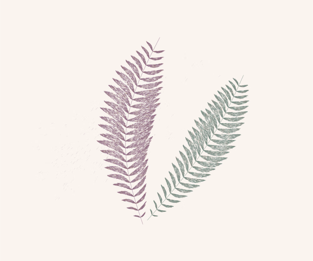 Two fern fronds, mulberry and muted green, drawn in fine directional brush strokes.